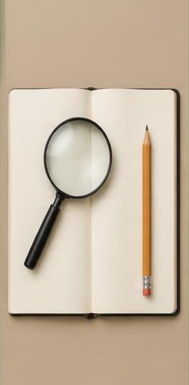 Lupa sobre caderno em branco ao lado de lápis