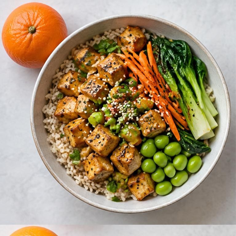 碗中有米饭、豆腐、毛豆、青菜和胡萝卜,旁边放着柑橘。